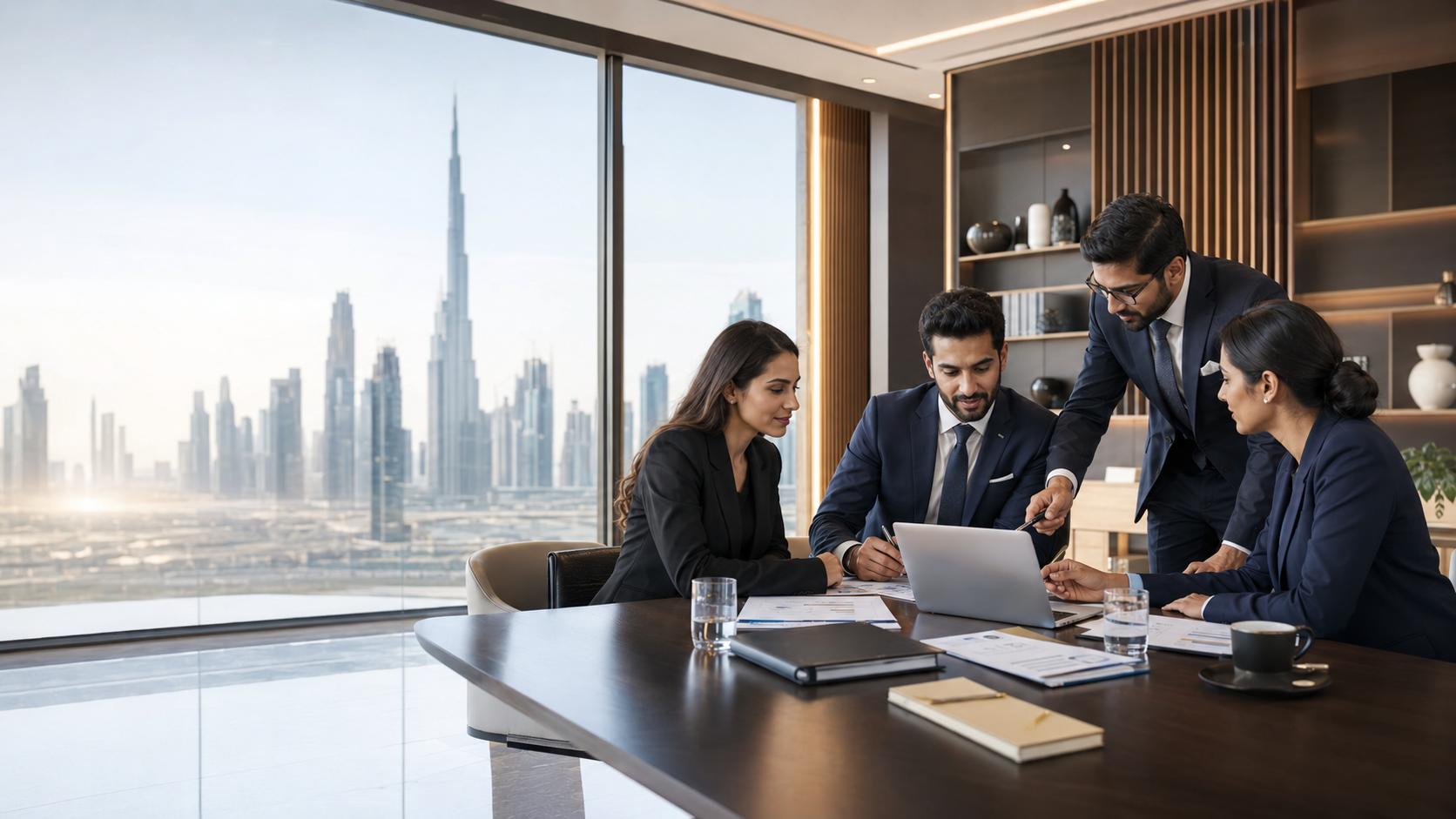 KMRB consultants advising clients in a modern Dubai office with skyline view